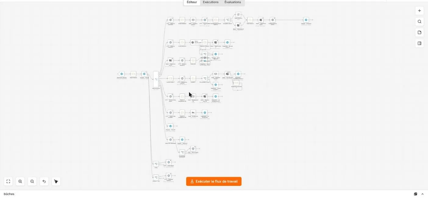 Canvas n8n du routeur de validation Telegram : 56 nœuds répartis en branches depuis un Switch.
