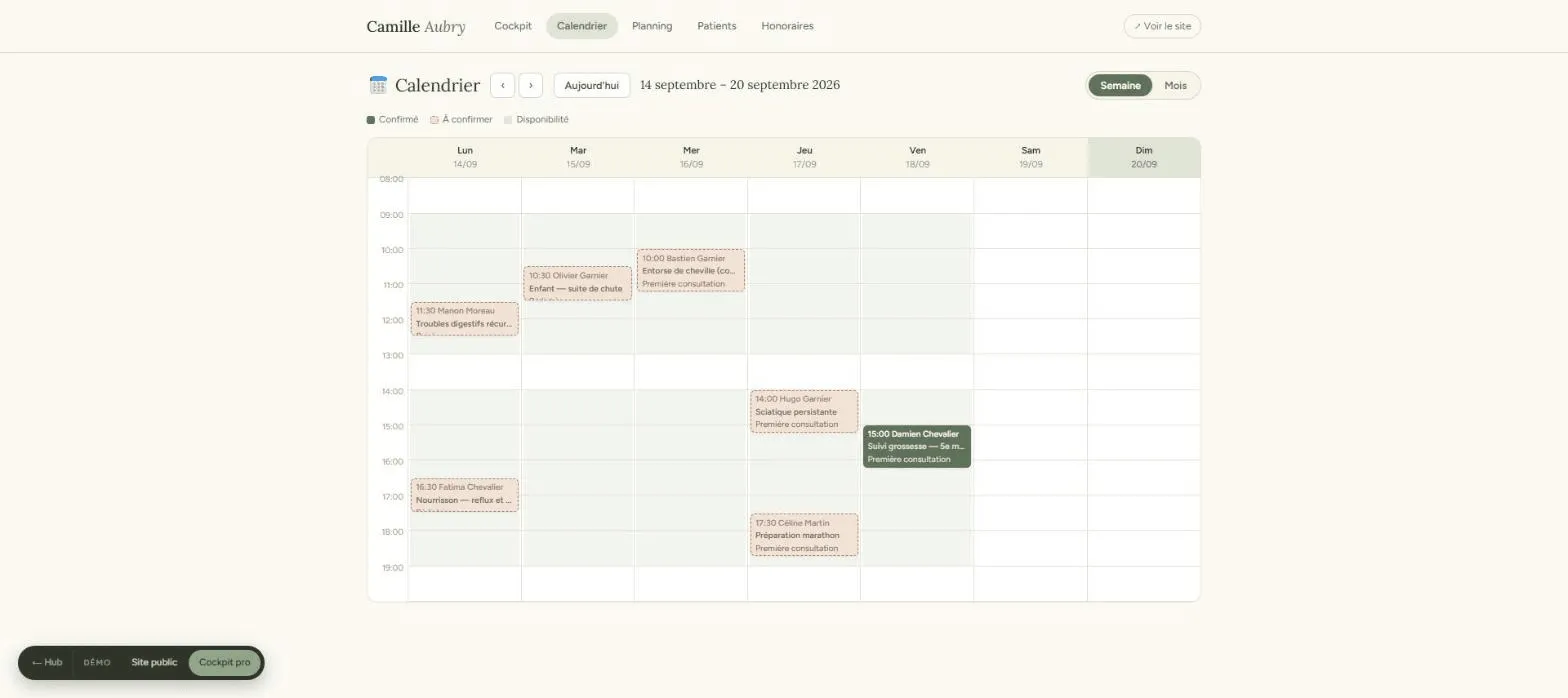 L'agenda de la semaine du 14 au 20 septembre 2026 dans le cockpit, avec des créneaux confirmés et à confirmer.