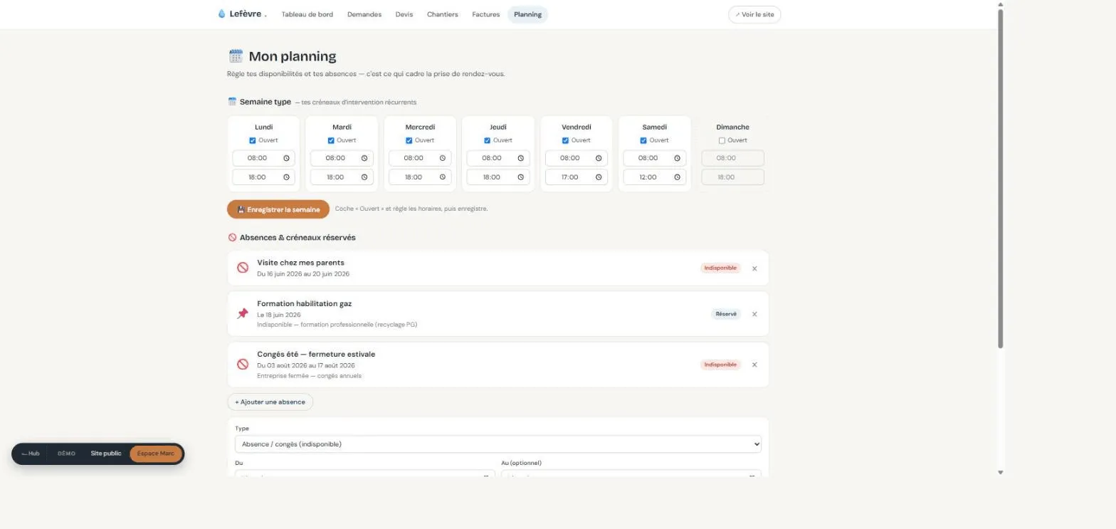Vue du planning hebdomadaire du cockpit BTP, avec une semaine type et les absences renseignées.