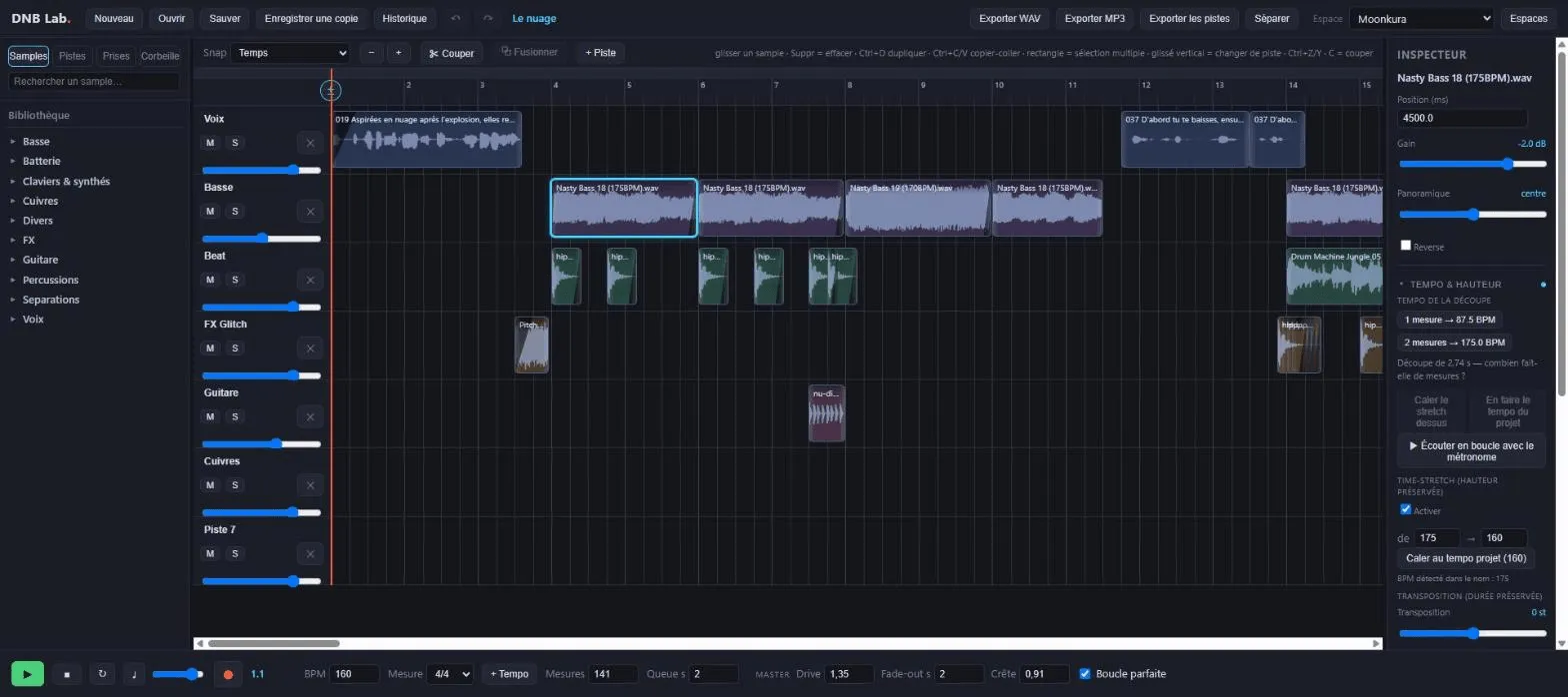 Éditeur multipiste du studio avec sept pistes (voix, basse, beat, FX, guitare, cuivres) et l'inspecteur ouvert sur un clip de basse.