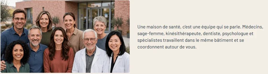 Page équipe du site public : photo de groupe des praticiens de démonstration devant le bâtiment, avec un texte de présentation de la maison de santé.