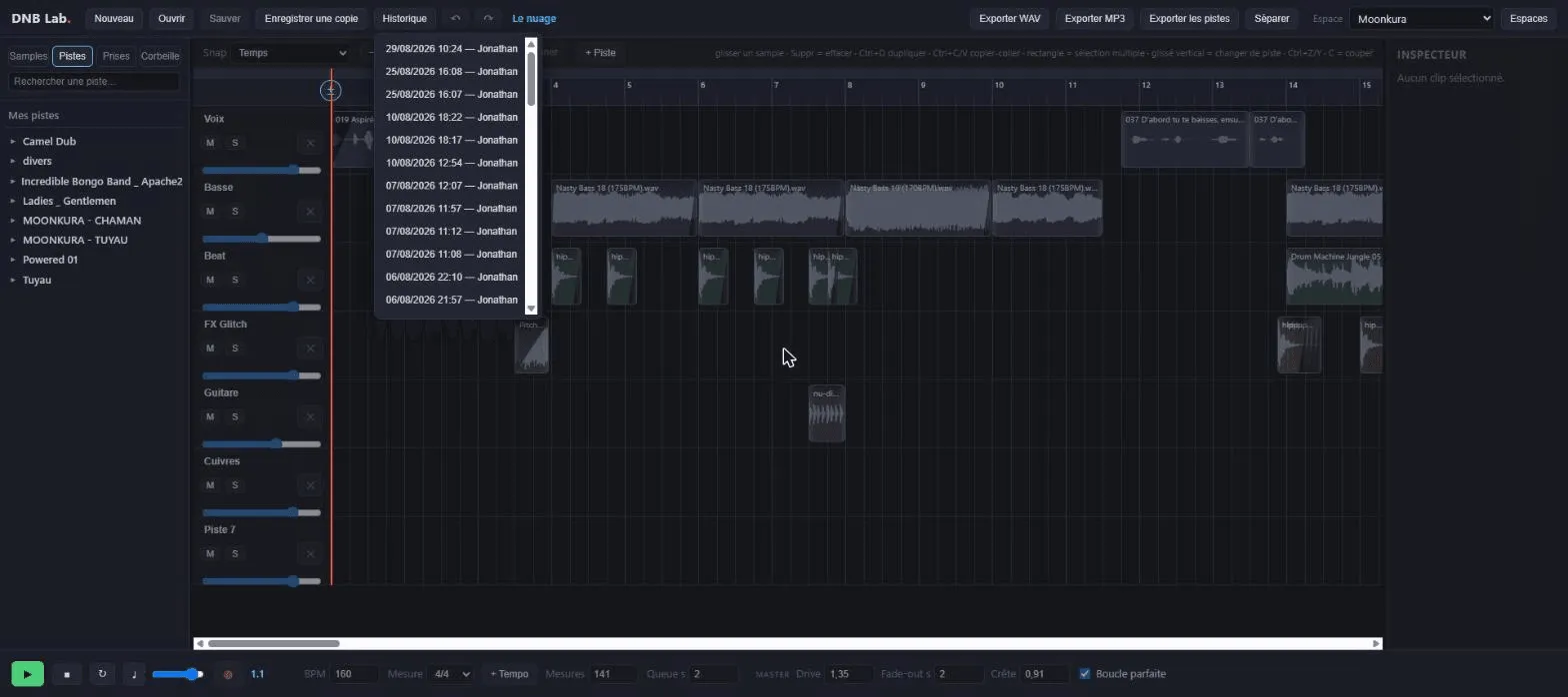 Menu Historique ouvert dans l'éditeur, listant les versions horodatées successives du morceau.