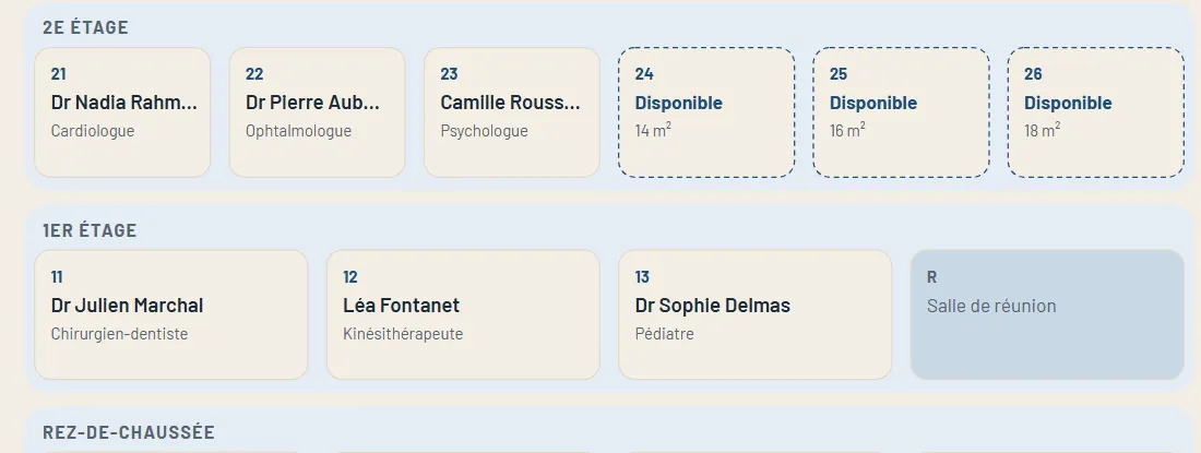 Vue « bâtiment » du site public : plan interactif des étages avec l'accès à l'espace de chaque praticien.